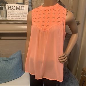 Coral Pink High Neck Lightweight Sleeveless Babydoll Tank with Chevron Detail